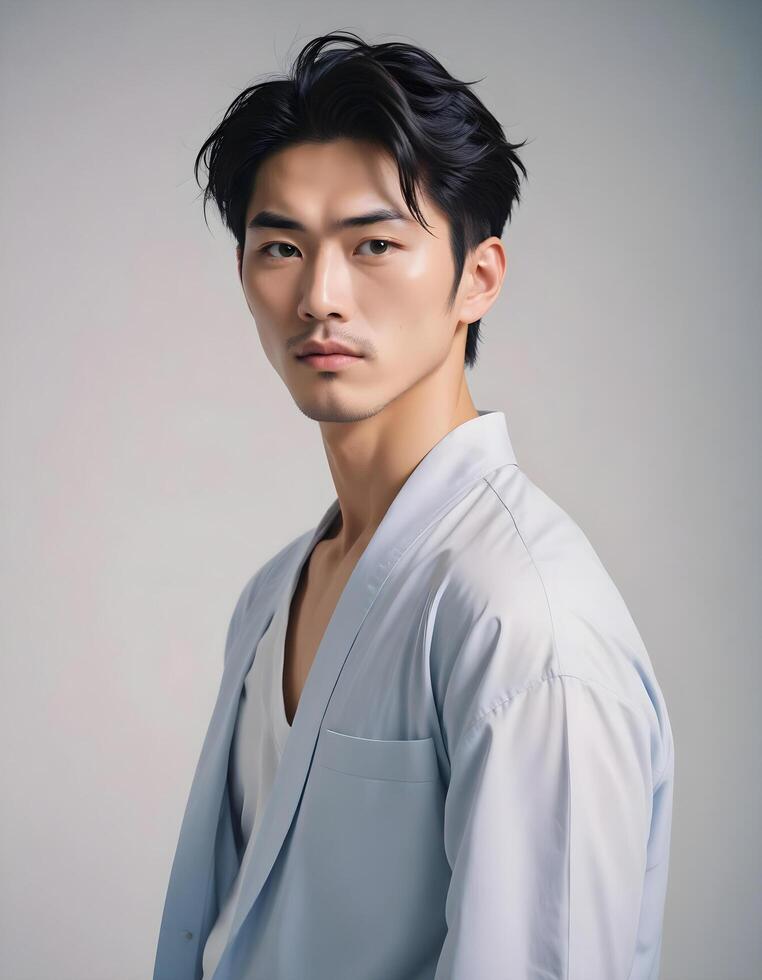 Japanese male model in professional pose, set against a plain background photo