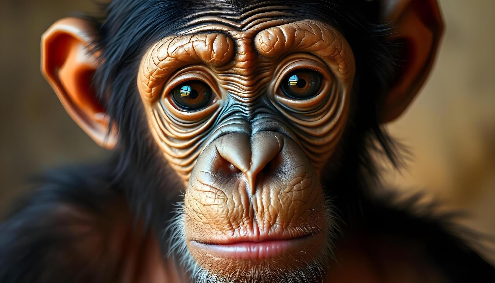 Expressive young chimpanzee with deep eyes and intricate facial details against a blurred background photo