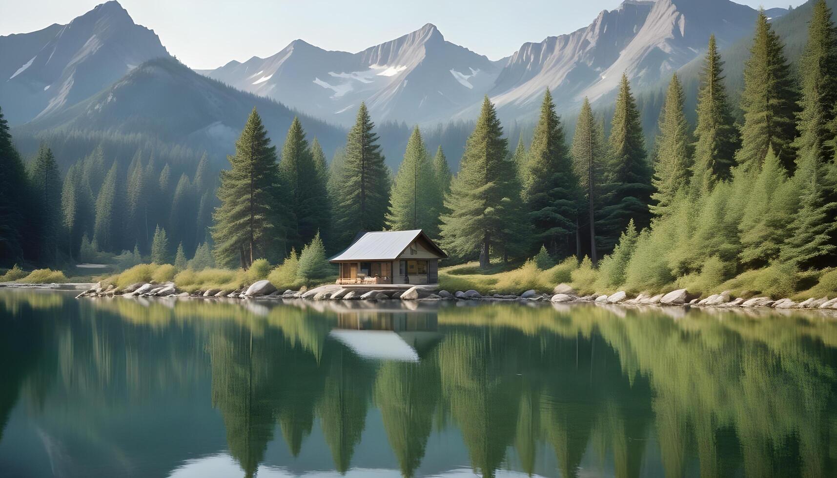 Crystal clear lake reflecting evergreen trees and rugged peaks under a bright blue sky photo