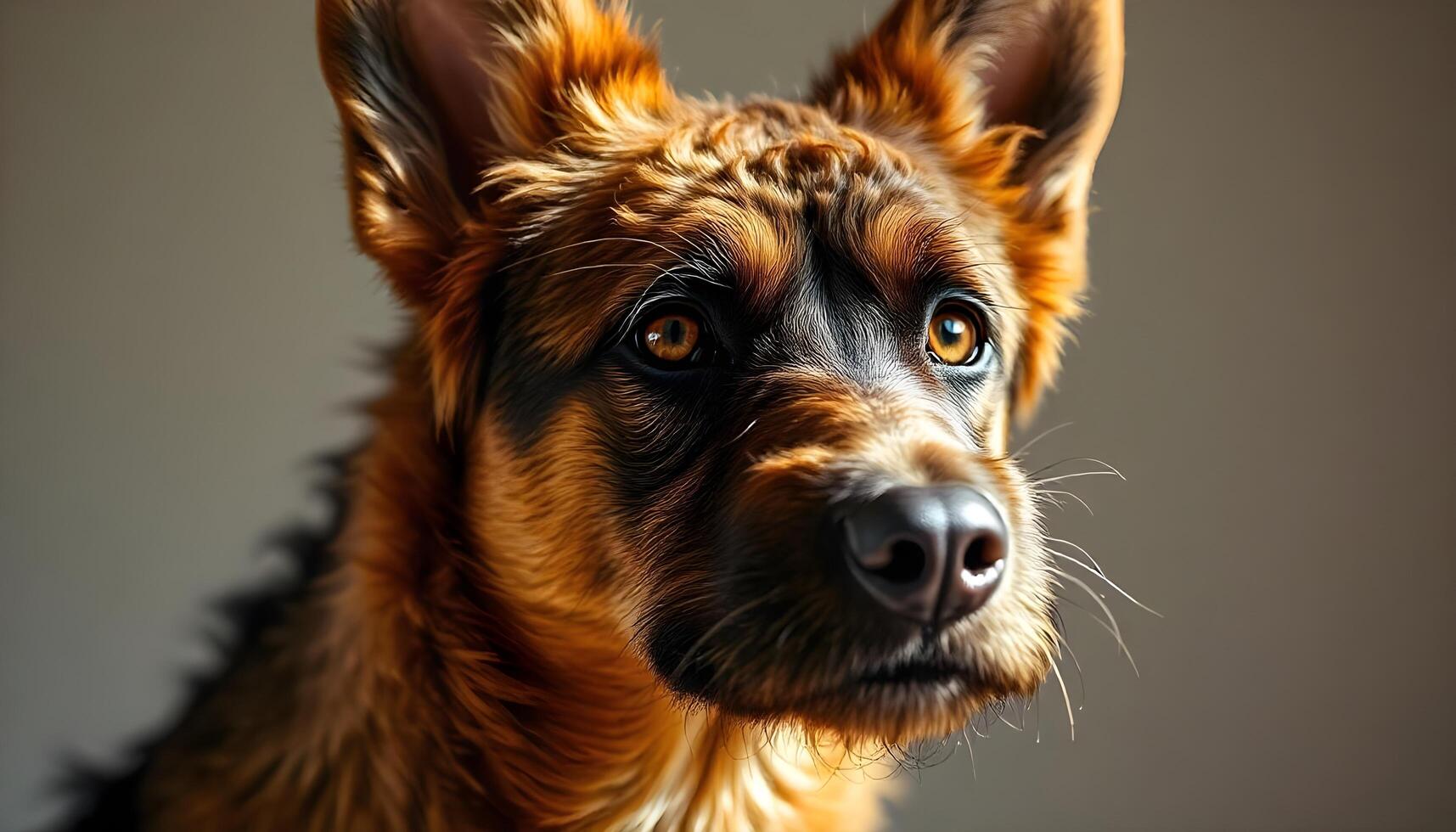 Close up of Belgian Laekenois with focused gaze and curly fur against blurred background photo