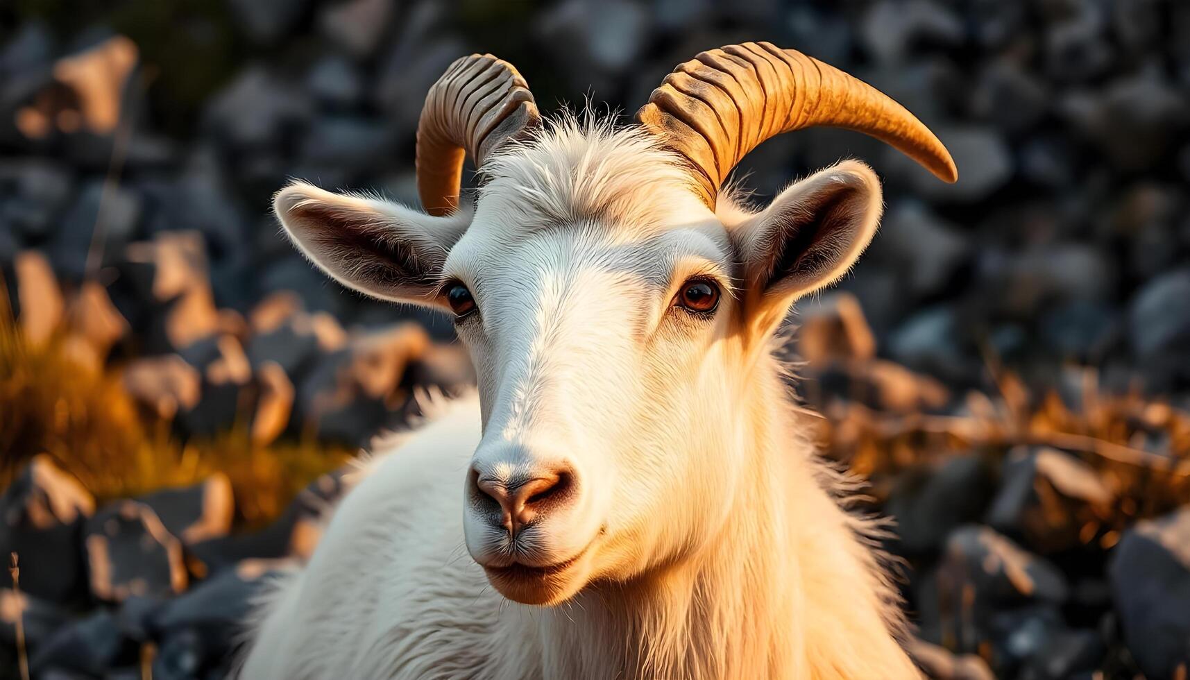 Close up portrait of a female mountain goat with a white coat and curved horns The focus is on her alert eyes and the texture of her thick fur photo