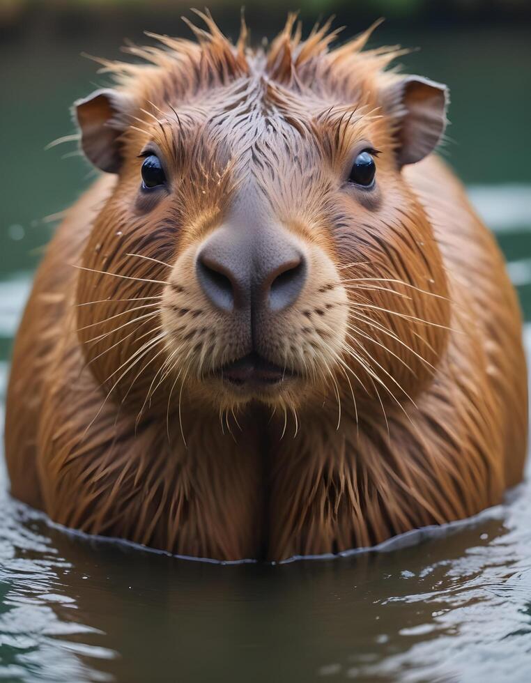 Male capybara with a peaceful expression and fine fur details against a blurred water background photo