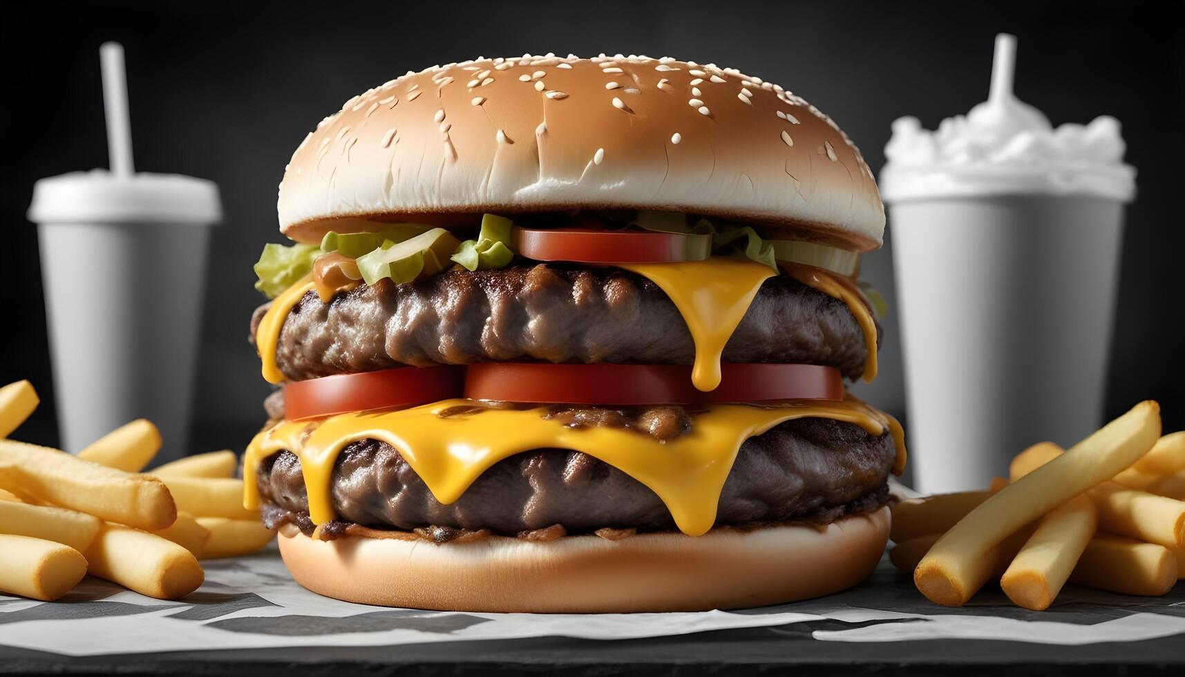 Double cheeseburger stacked with fresh toppings and golden fries photo