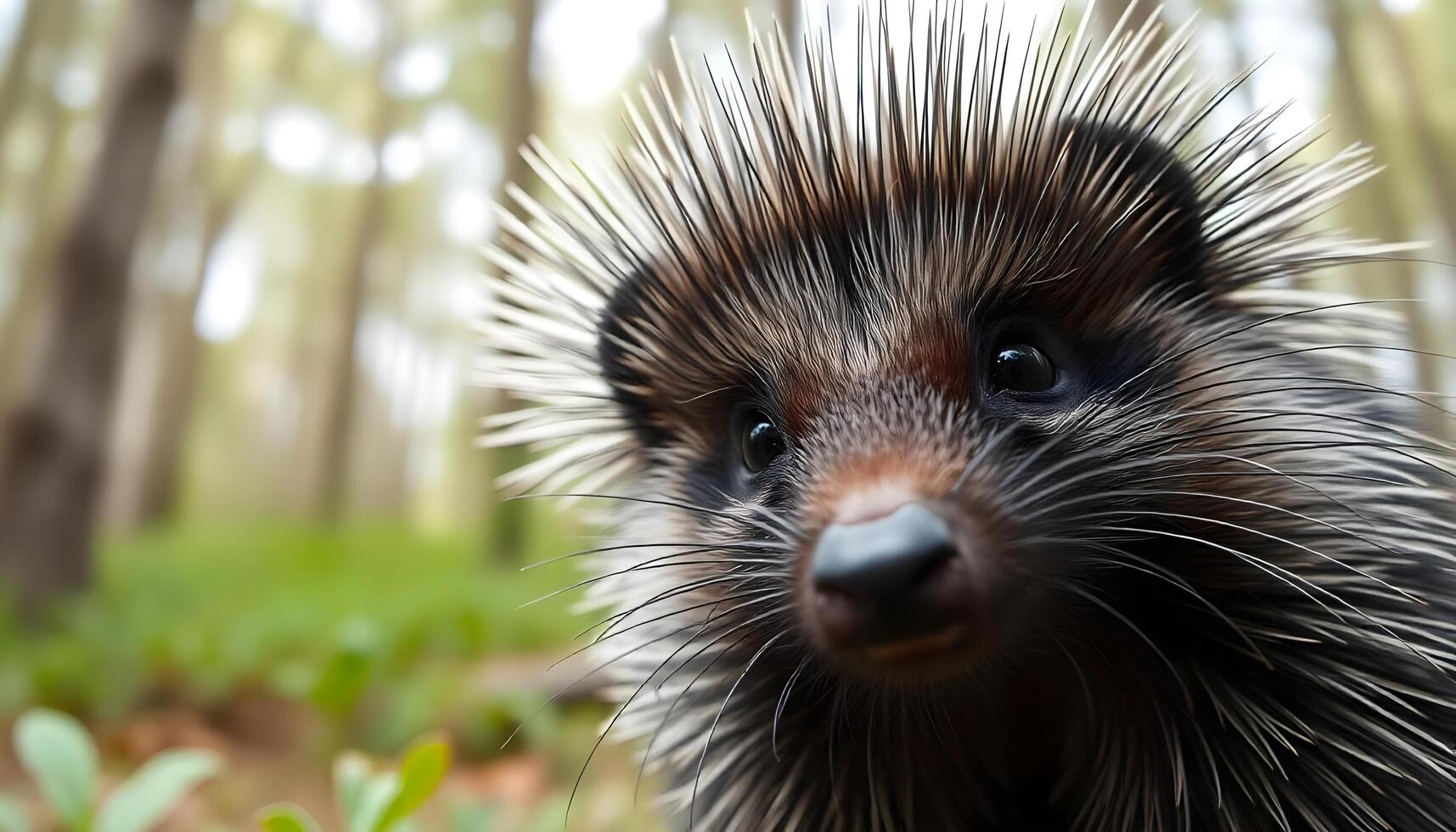 Male porcupine portrait, highlighting quills and focused eyes against a blurred forest backdrop photo