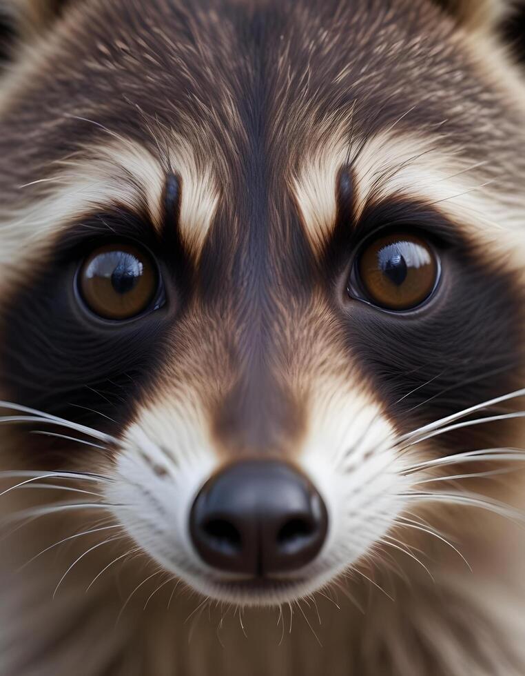 Extreme close up of a young male raccoons face with bright eyes and a dark nose His fur has a mixture of grey and white, with each strand clearly visible against a softly blurred background photo