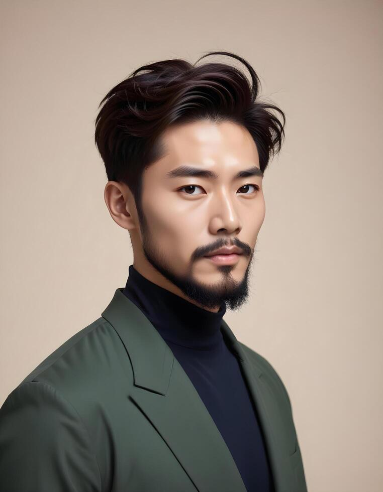 Confident Korean man with a neat beard, striking a pose photo