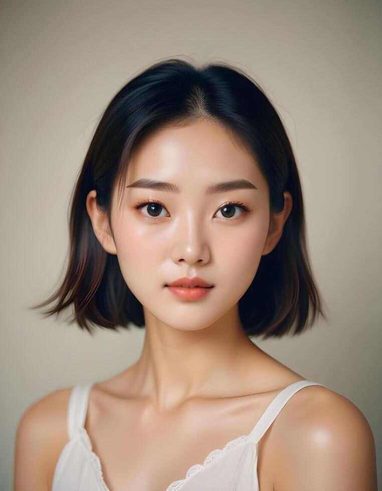 Radiant Korean girl with flawless skin and subtle features, on plain background photo
