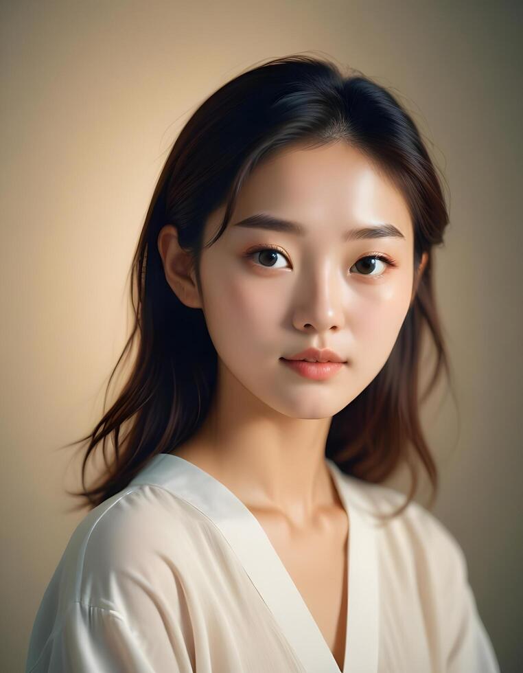 Korean girl with delicate features and a natural glow, captured against a plain background photo