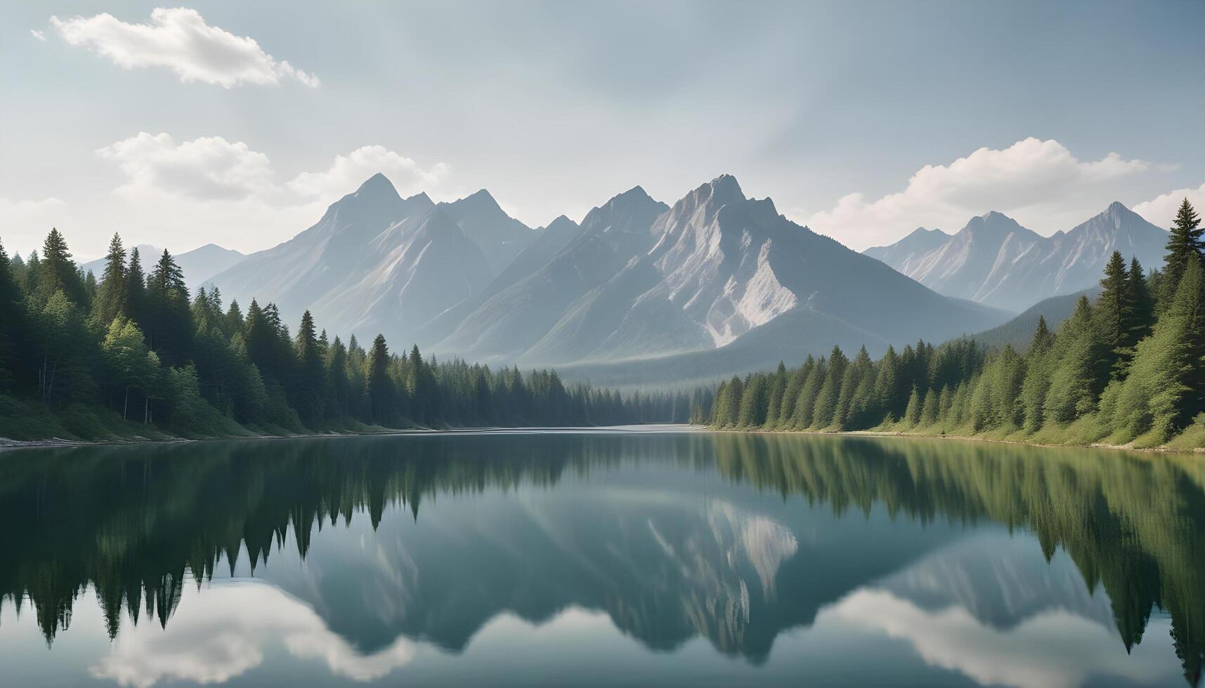 A lake surrounded by trees and mountains photo