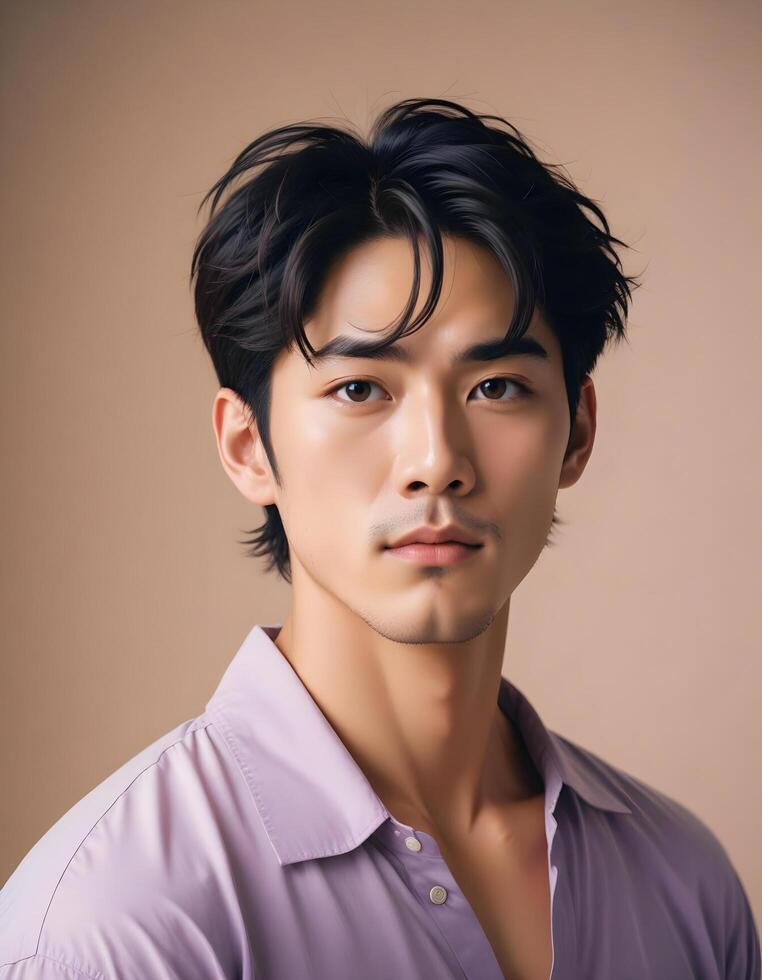 Confident Japanese male model in a formal outfit, posed against a plain background photo