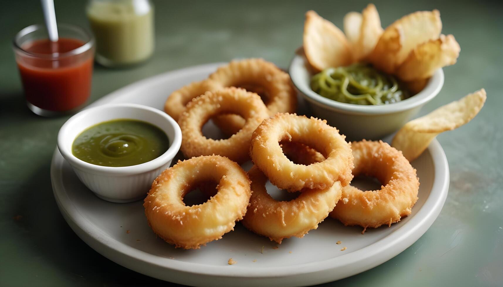 Crunchy thick cut onion rings served with a zesty tangy dipping sauce photo