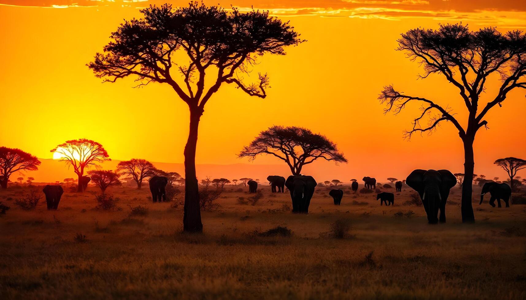 Serengeti sunset with elephants beneath glowing acacia trees, creating silhouettes photo