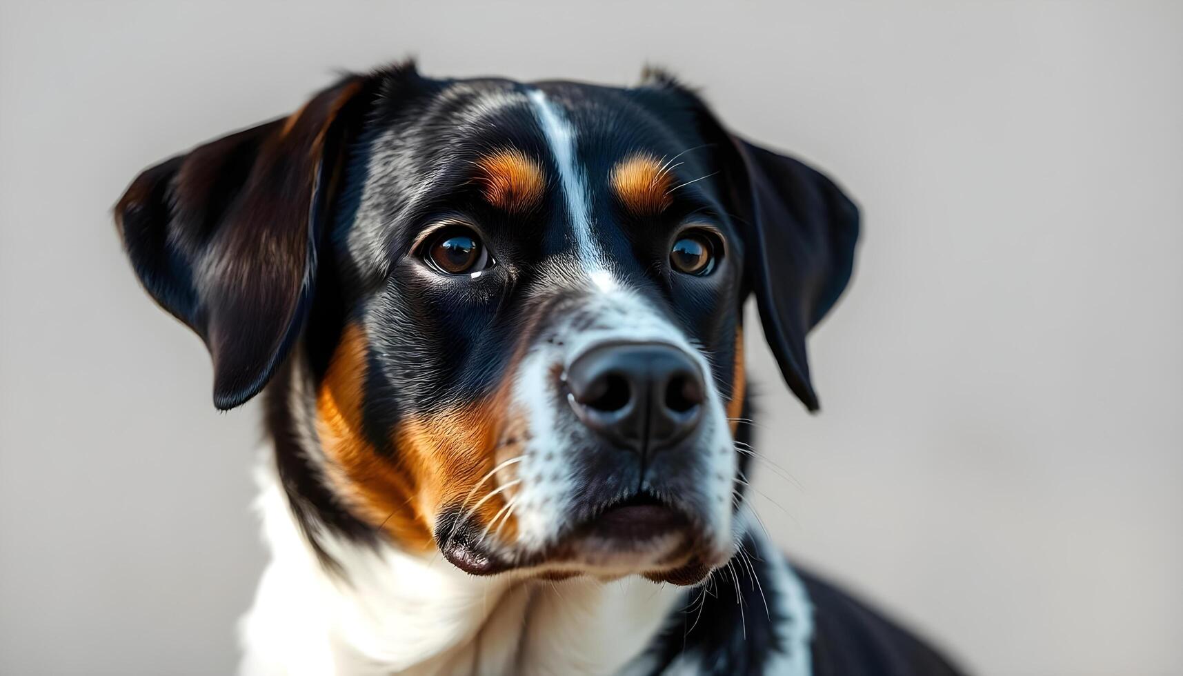 Close up of Entlebucher Mountain Dog with smooth tricolor coat and focused expression photo