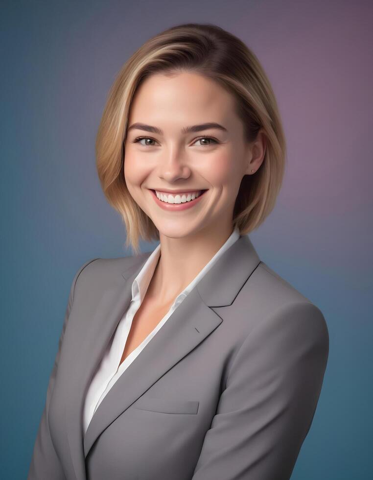 Young American woman in business outfit smiling against a plain backdrop photo