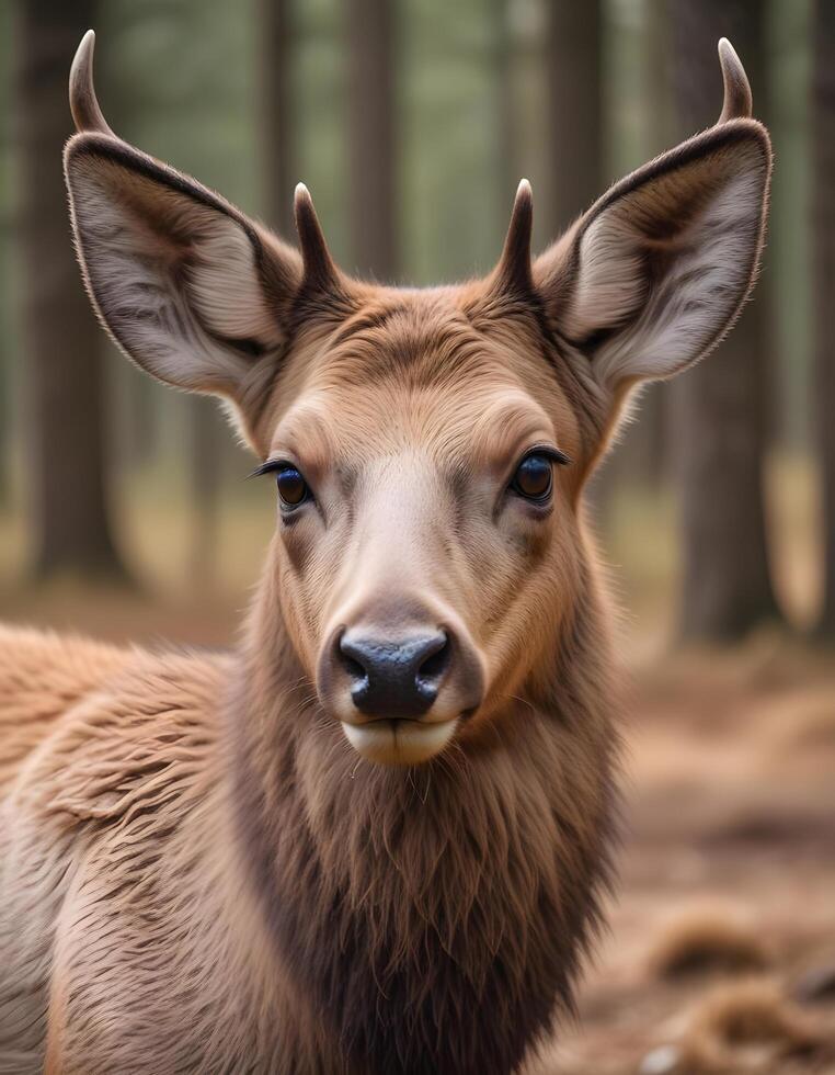 Portrait of a female elk, highlighting her attentive gaze, warm toned fur, and the subtle texture of her coat, softly blurred trees in the background photo