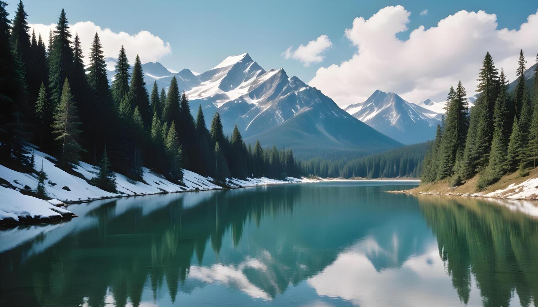 Evergreen Forests and Towering Peaks Reflecting in a Still Lake photo