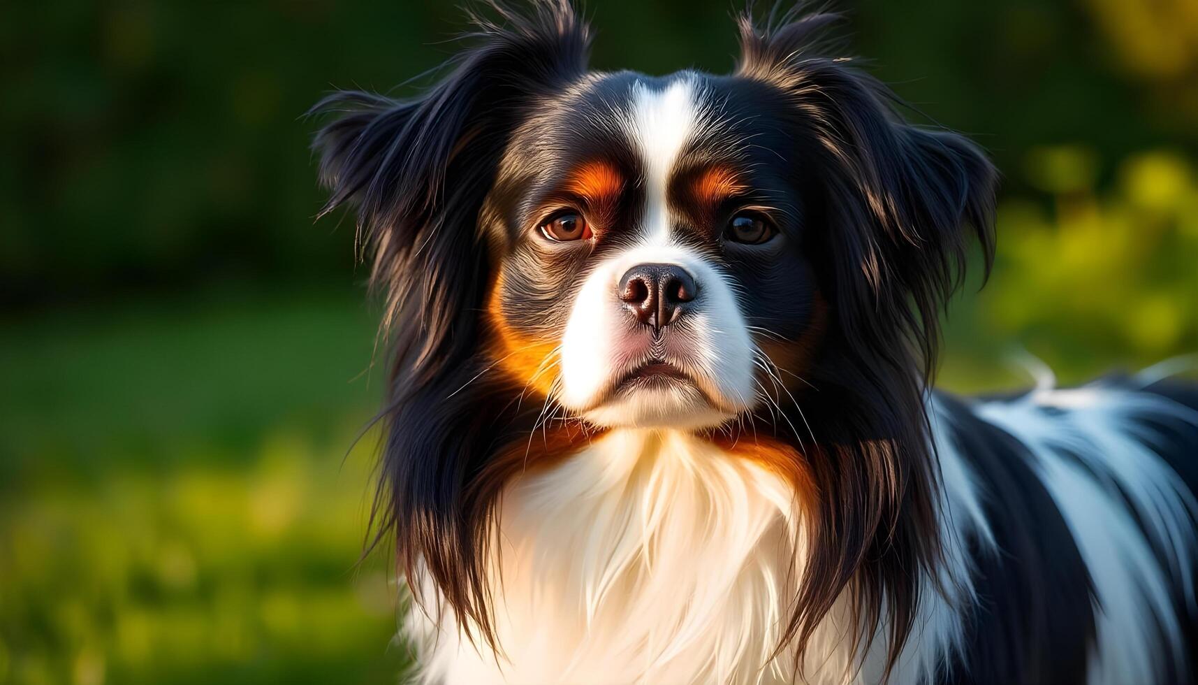 Japanese Chin silky black and white coat bright eyes calm expression soft lighting blurred background photo