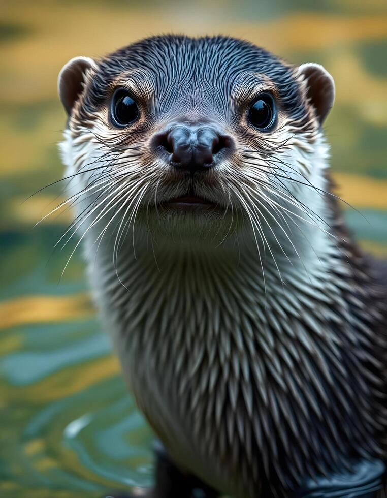 Portrait of a female otter with her fur slightly damp and an inquisitive expression The detail in her fur and the clarity of her eyes are captured against a softly blurred aquatic background photo