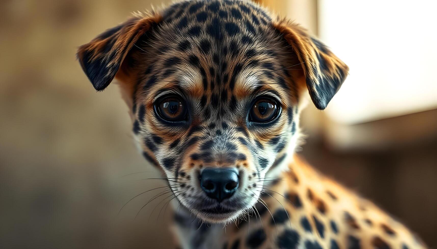 Portrait of a Pixie Bob with hazel eyes, short and thick coat with a unique spotted pattern, focused and attentive expression, soft natural lighting, blurred background, calm demeanor photo