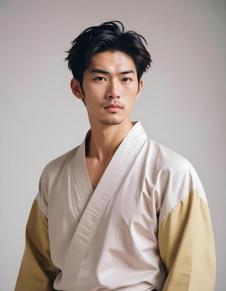 Formal Japanese male model posing against a smooth, unobtrusive background photo