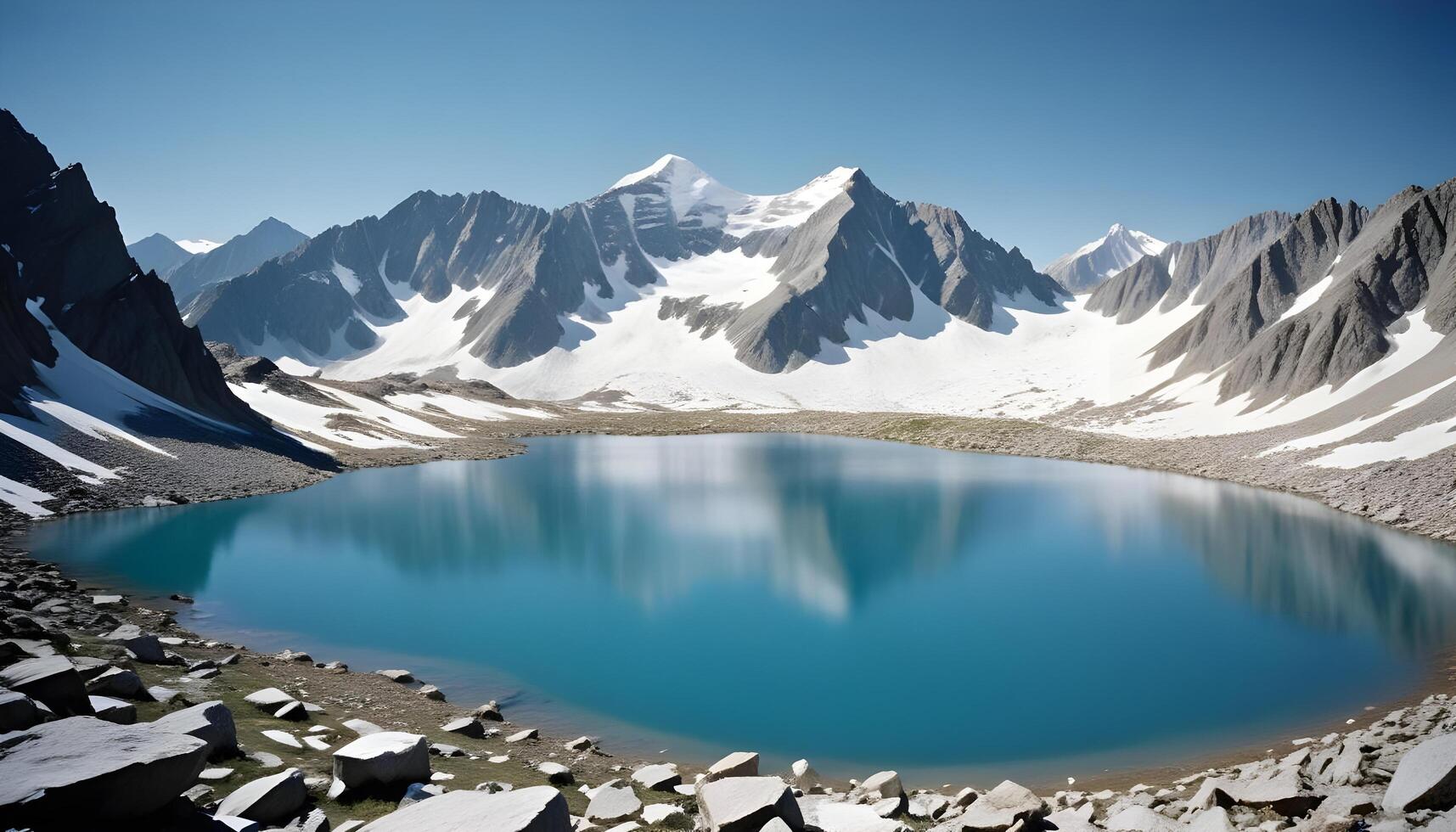 Towering snow capped mountains surrounding a pristine alpine lake with a bright blue sky overhead photo