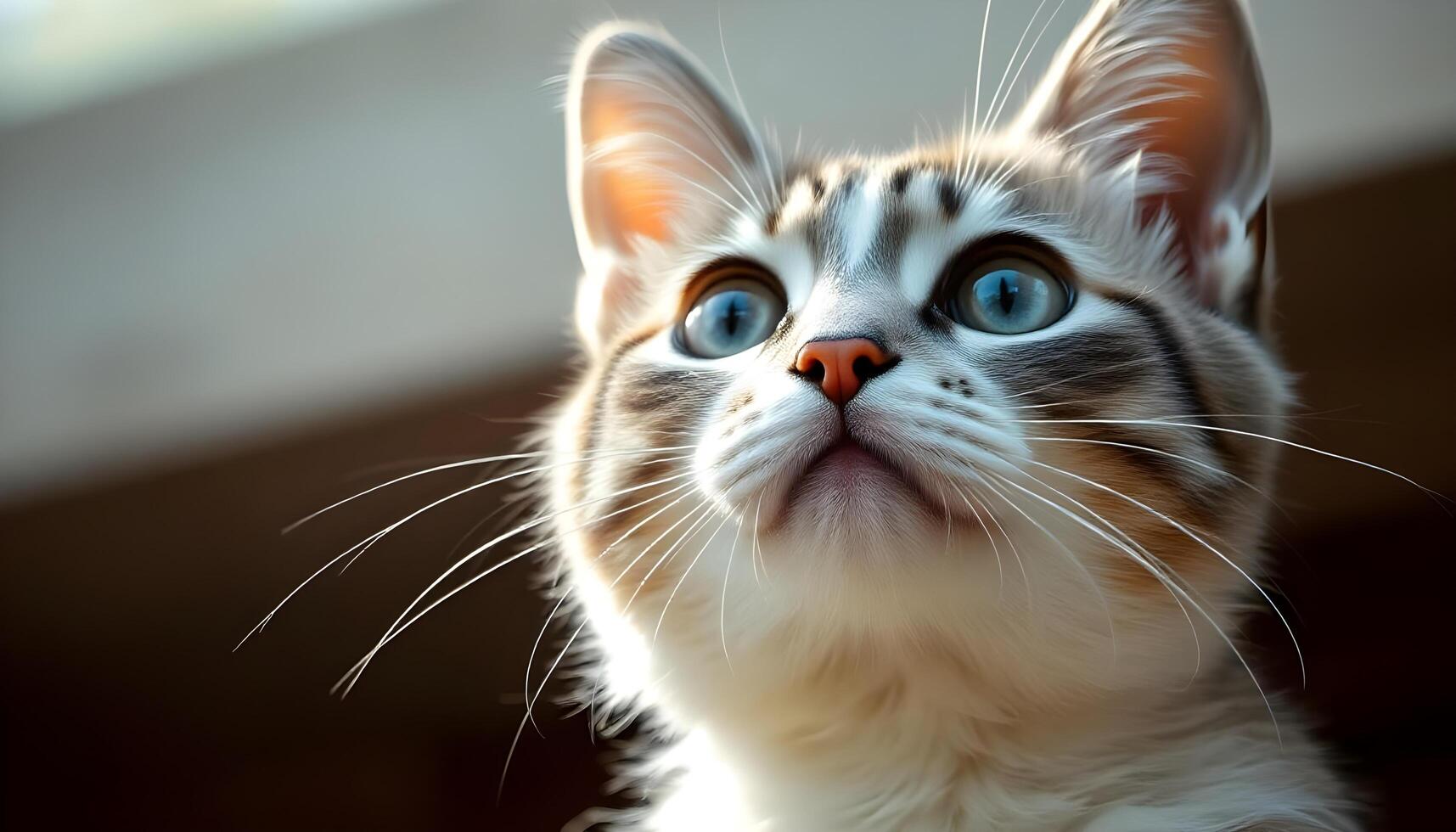 Gray and white cat with blue eyes looking up curiously in soft natural light photo
