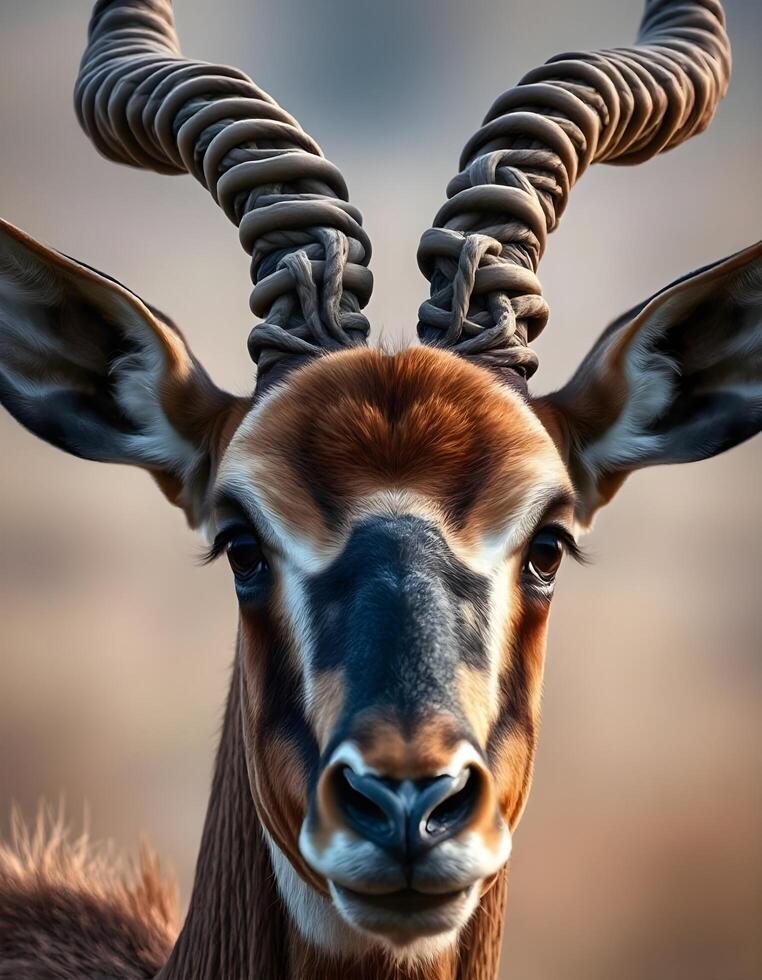 Close up of male antelope with distinctive horns and detailed fur in serene savannah photo