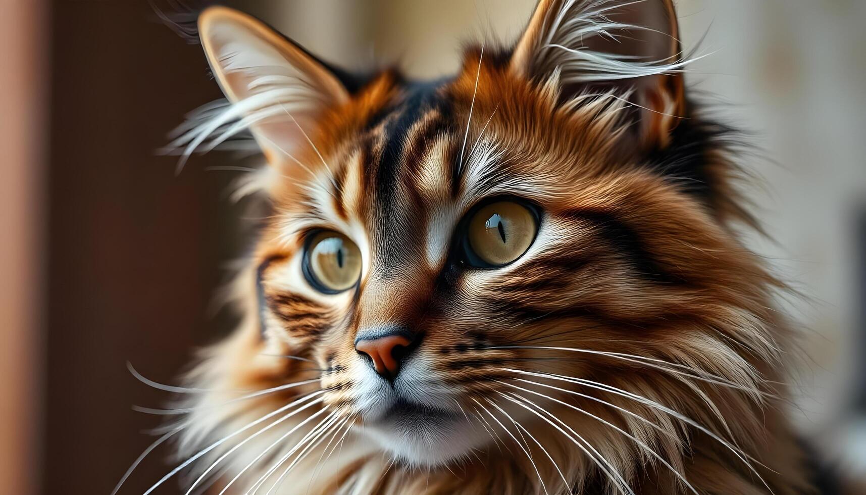 Focused gaze of a Somali cat with semi long coat, whiskers highlighted photo