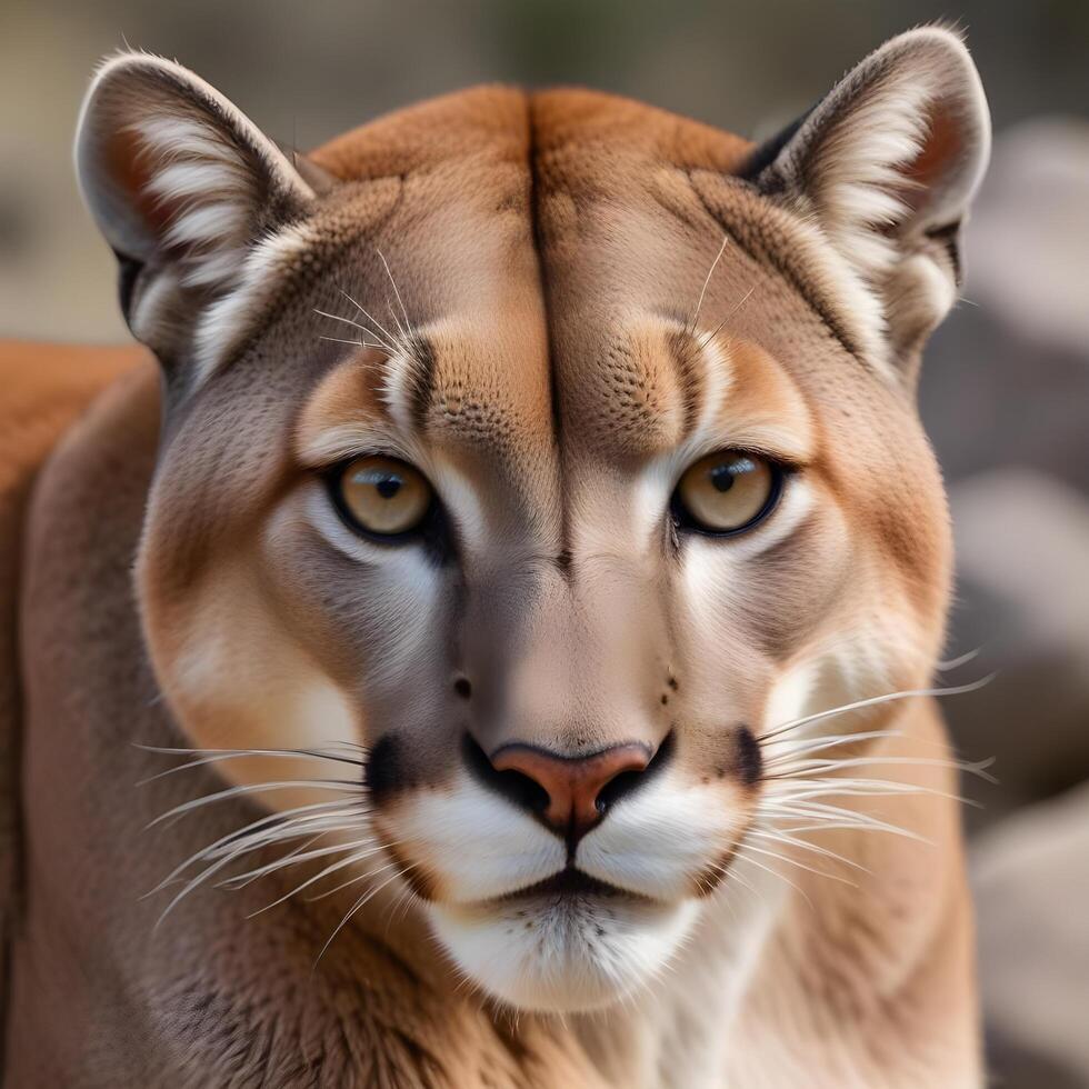 Focused mountain lion portrait, intense eyes and sharp whiskers against rugged scenery photo
