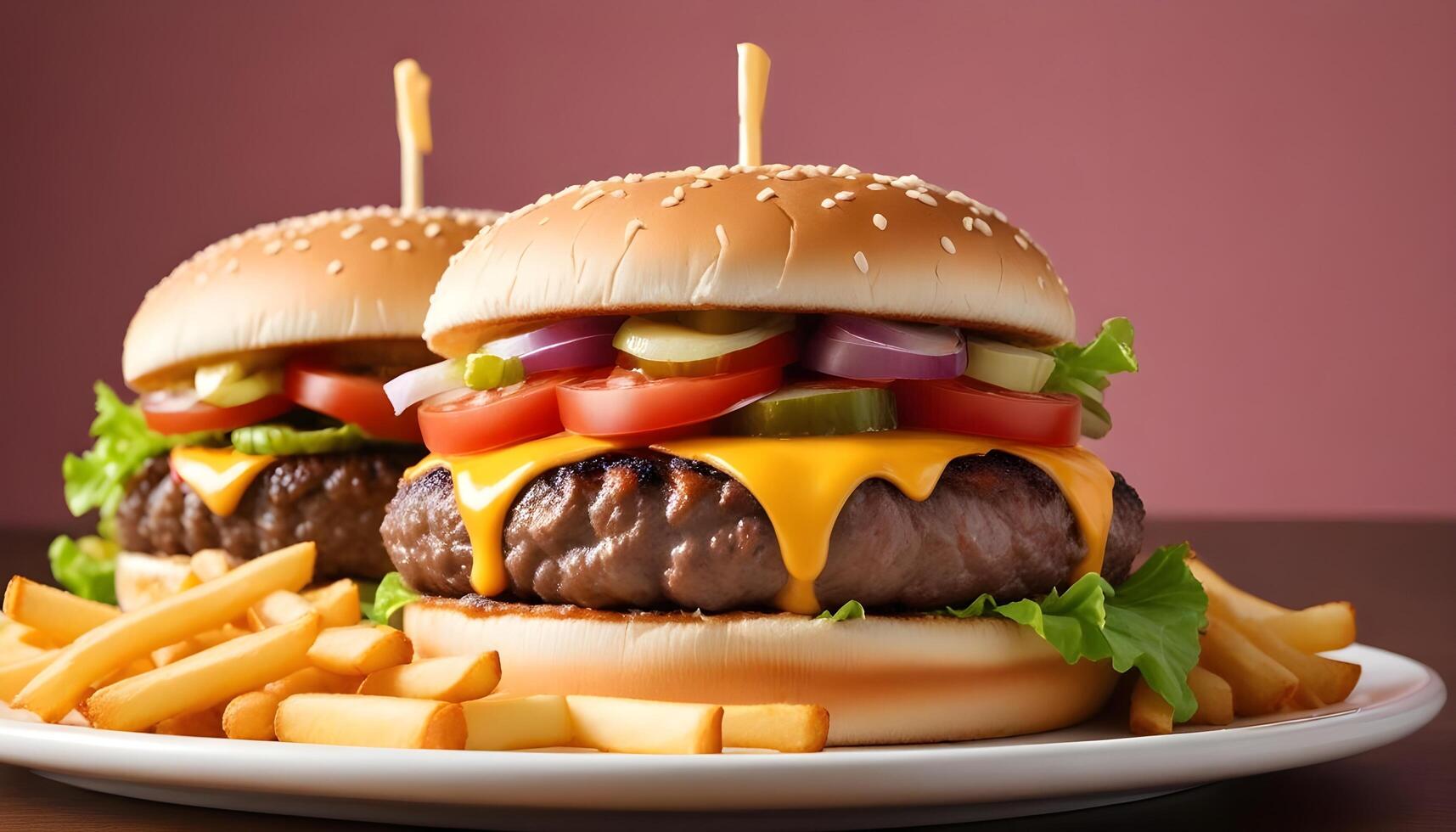 Fresh double cheeseburger with lettuce, tomato, and fries on the side photo