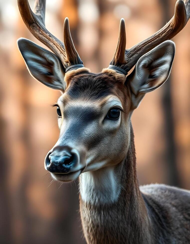 Extreme close up of a male white tailed deer with velvet covered antlers and a gentle gaze photo