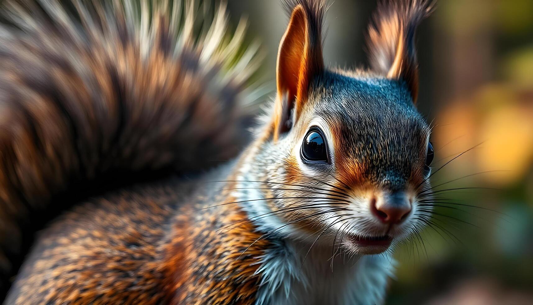 Extreme close up of a male bushy tailed squirrel with fluffy tail and bright eyes photo