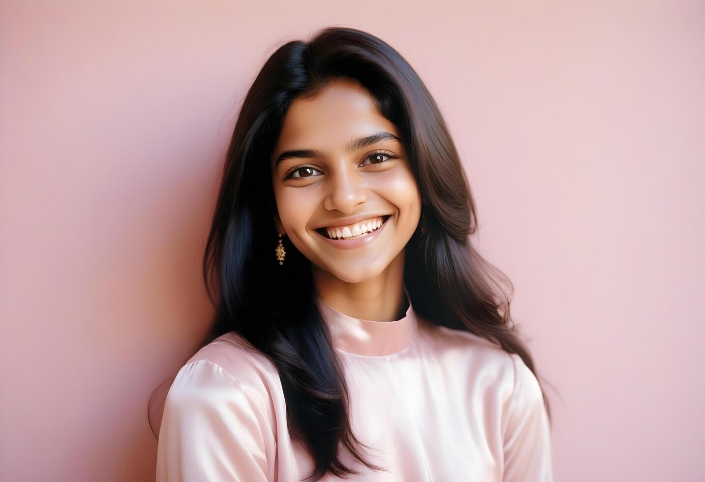 Elegant Indian girl with long hair, showcasing her radiant smile in studio photo