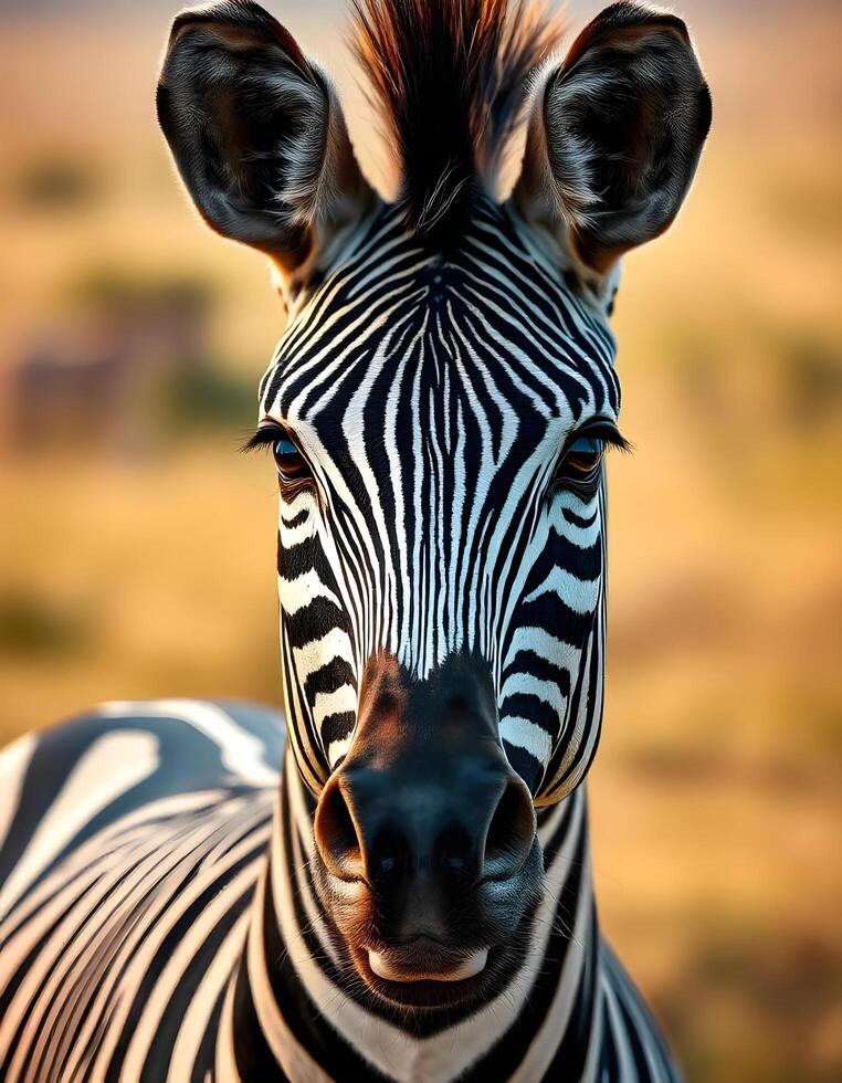 Close up of a Female Zebras Stripes and Expressive Eyes Against Savannah Blur photo