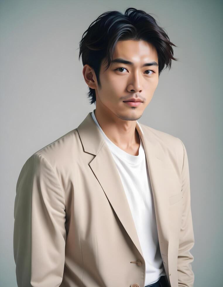 Japanese male model with confident posture, set against a minimalist background photo