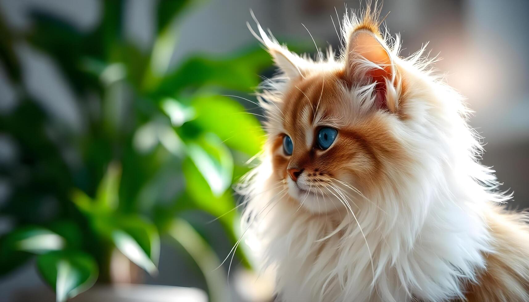 Fluffy Persian feline serene look silky coat warm glow delicate whiskers dreamy effect photo