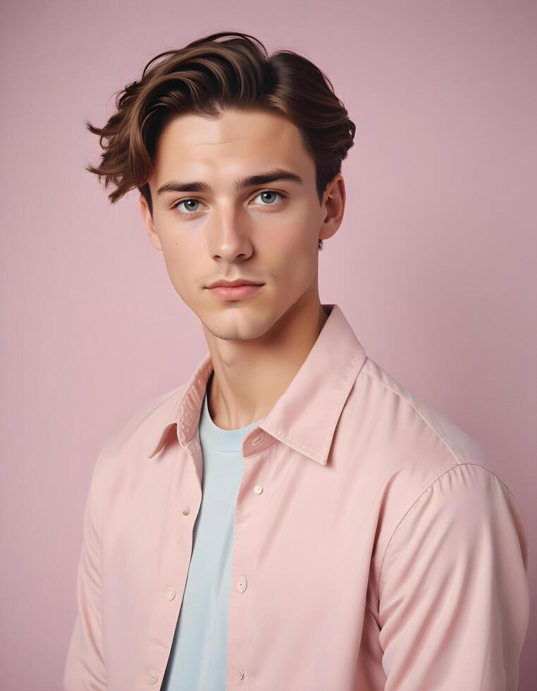 Young Canadian male with sharp features standing in modern attire against a plain background photo
