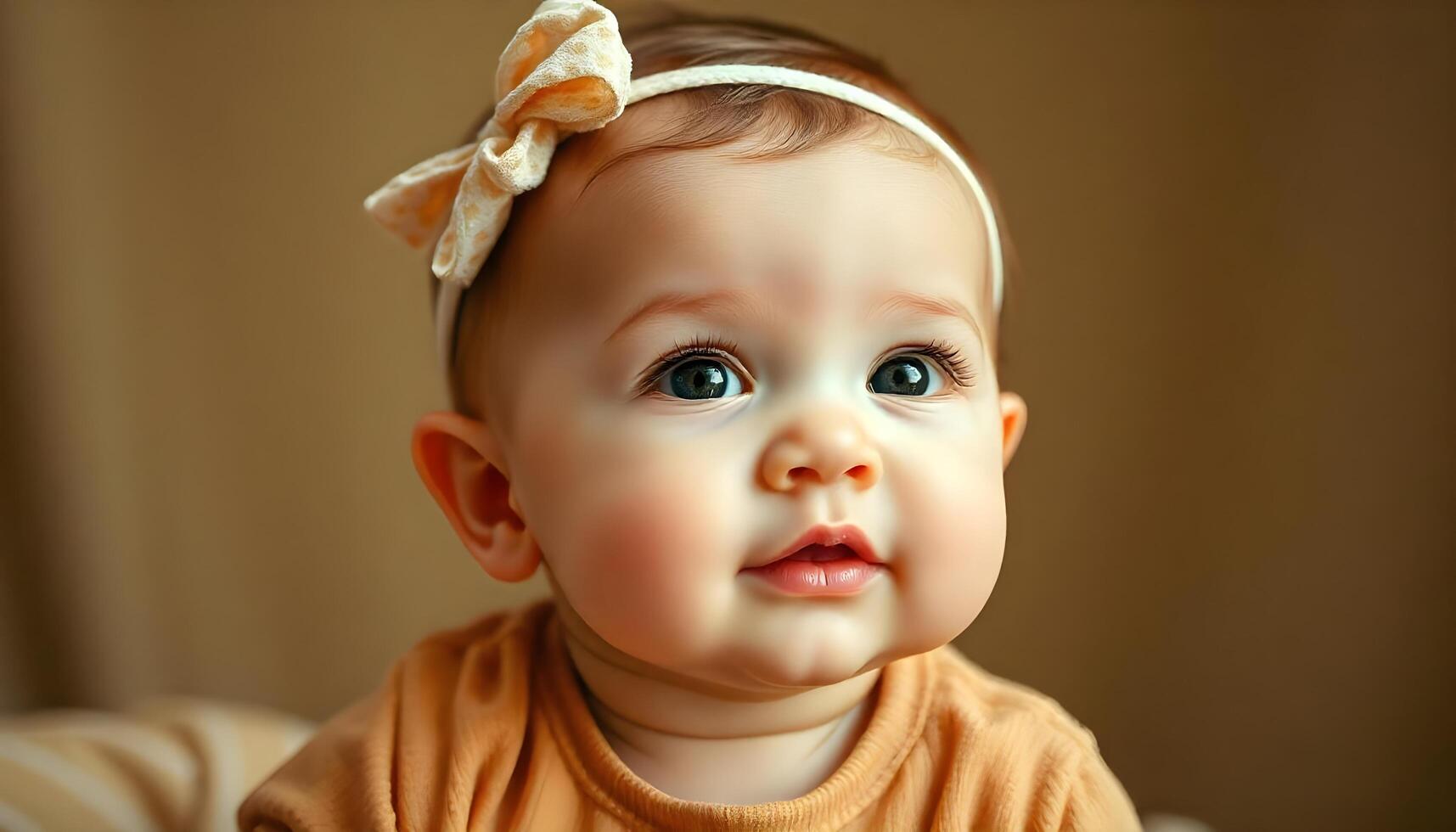 6 month old baby girl with light brown hair, blue eyes, yellow onesie, and white bow, looking curiously photo
