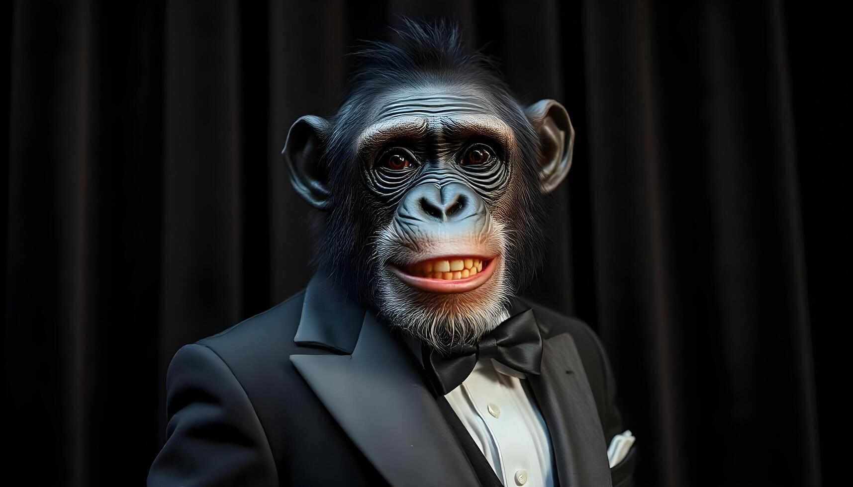 Chimpanzee in tuxedo with a confident smile, dark velvet curtain, spotlight for a theatrical look photo