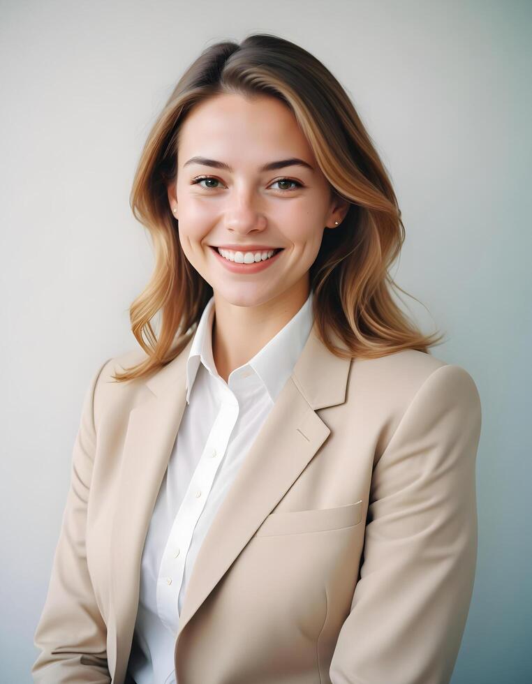 Young confident woman in business attire with a warm smile photo