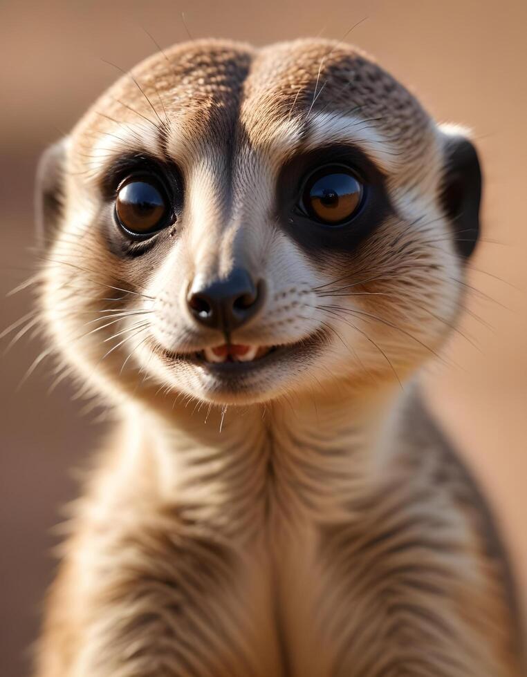Male meerkat portrait with intense eyes and finely textured fur against a desert backdrop photo