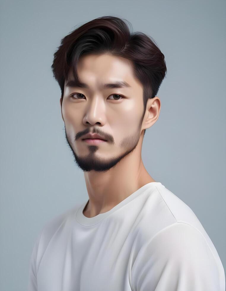 Confidently posed Korean model with a neat and stylish beard photo