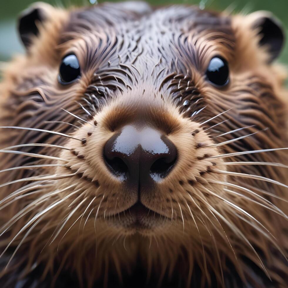 Curious young male beaver with water droplets on his fur and a focused gaze photo