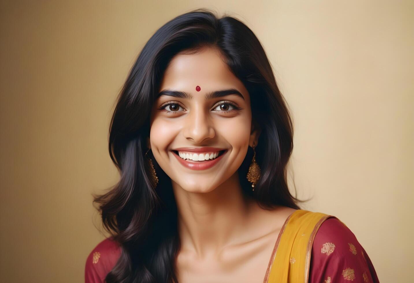 Studio portrait of a confident Indian girl with long hair and a happy expression photo