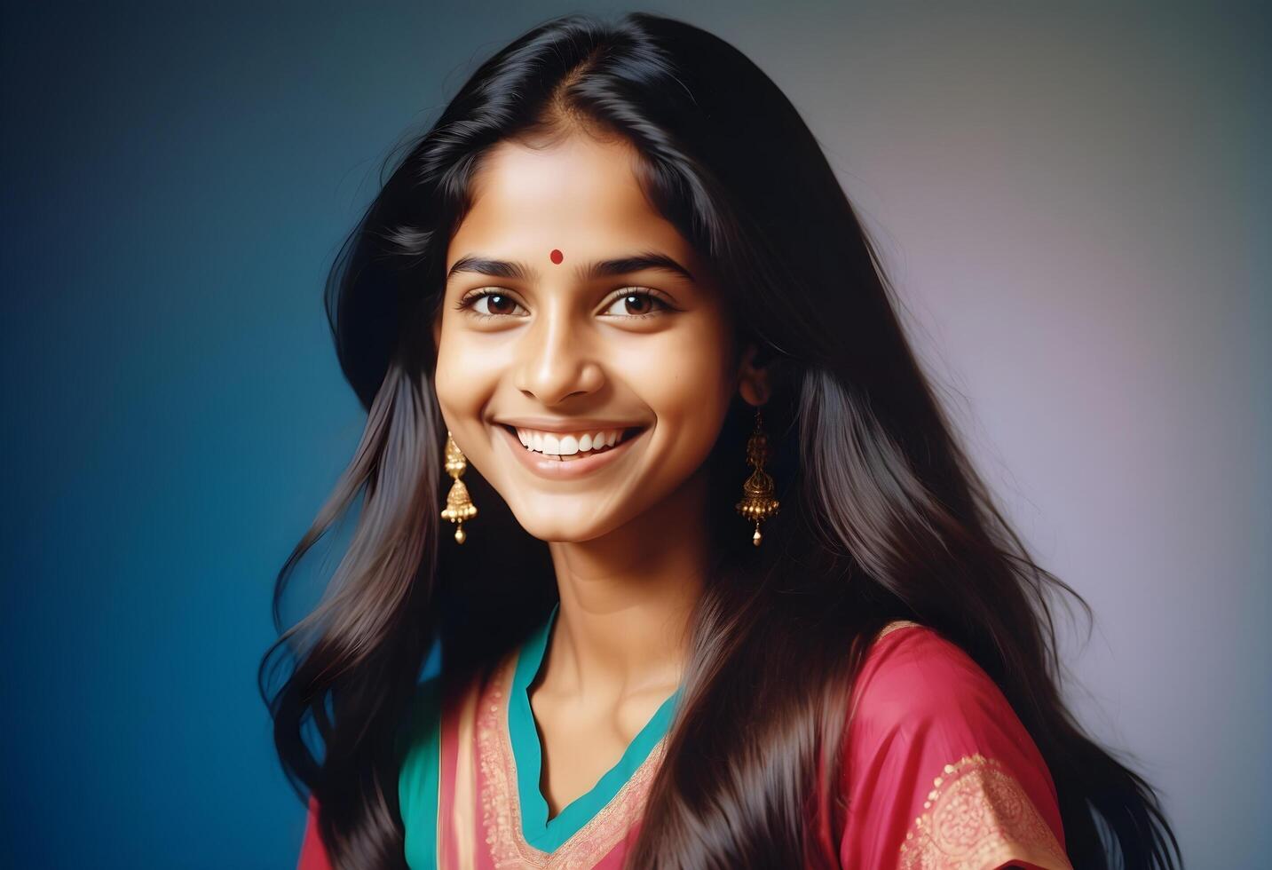 Effortless beauty of an Indian girl with long hair and radiant smile, captured in studio photo