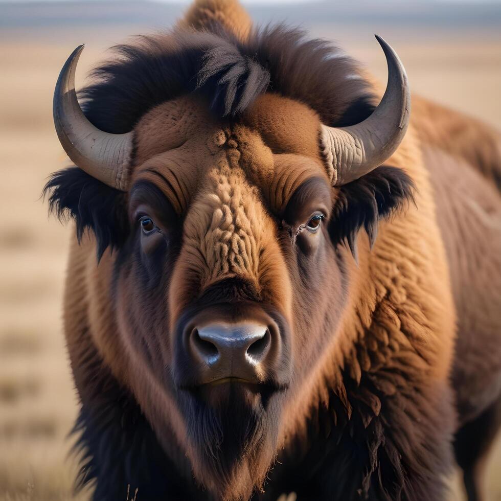 Male Bison in Prairie Landscape with Focused Expression and Rich Fur Detail photo