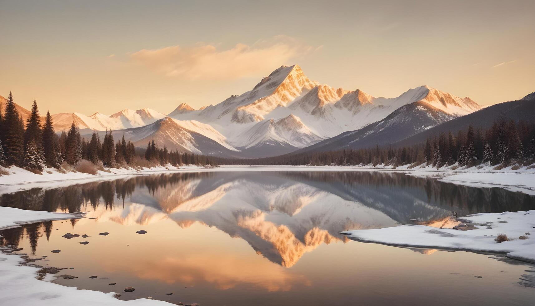 Tranquil blue lake set against snow covered mountain peaks and a cloudless sky photo