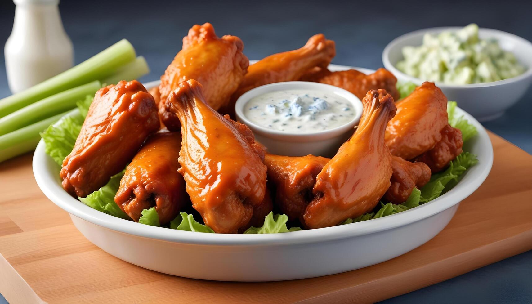 Crispy buffalo wings served with crunchy celery and smooth blue cheese dip photo