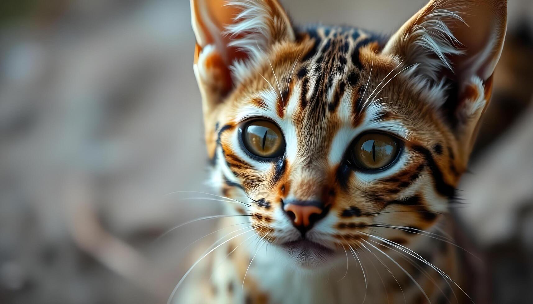 Close up of Cheetoh cat with golden hued eyes and sleek spotted fur in natural light photo