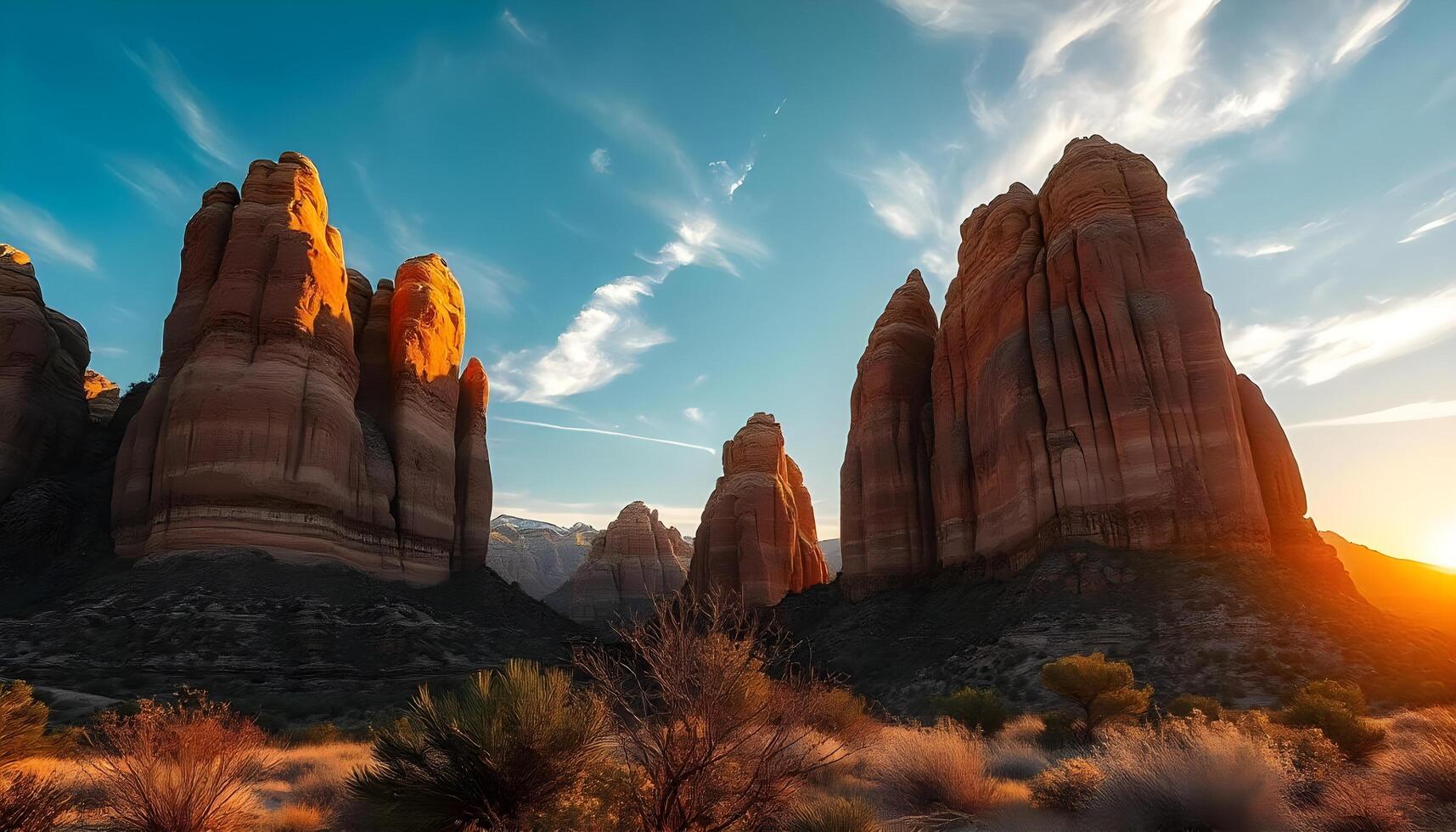 Towering rock formations at sunrise with warm hues and sparse vegetation photo
